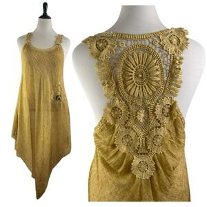 Lagenlook Beach Gauze DRESS S M Crochet Lace Boho Hippie Festival Asymmetrical